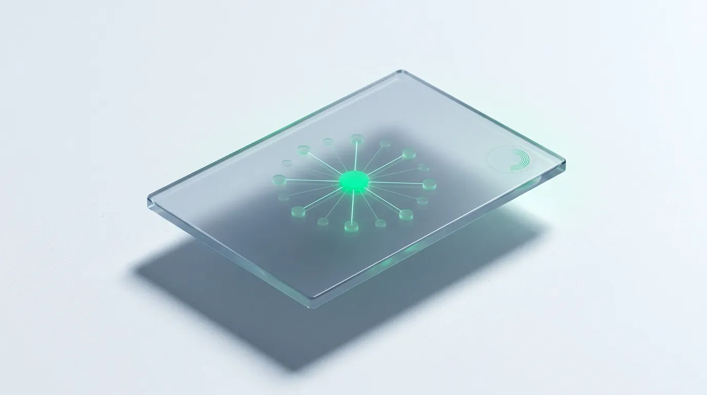 Frosted glass slab with a glowing emerald hub-and-spoke network, evoking how a DTC brand chooses an SEO agency.