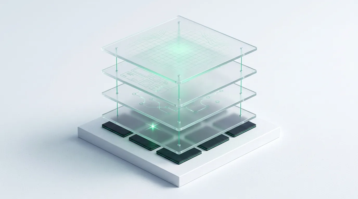 Four floating frosted glass layers linked by emerald guide-lines, evoking the four parallel workstreams of a modern SEO program.