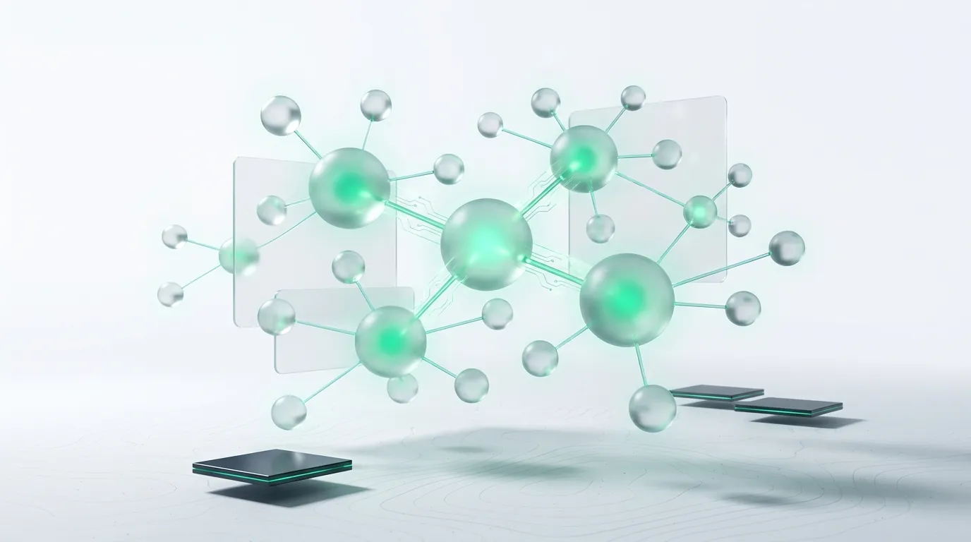 A glowing emerald node graph over faint contour terrain, evoking the topical authority a DTC SEO program builds.