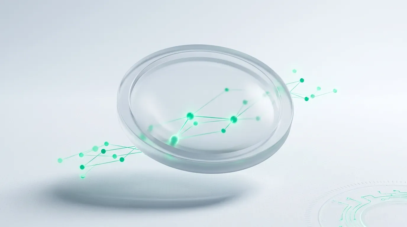 A frosted glass lens magnifying part of a soft emerald node network, evoking an SEO audit bringing a DTC store's structure into focus.