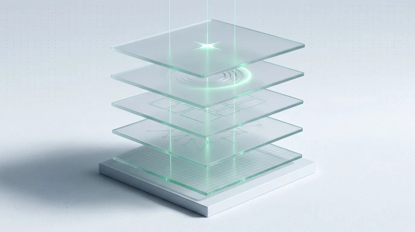Five stacked frosted glass layers linked by emerald guide-lines, evoking the five ordered layers a real SEO audit checks.
