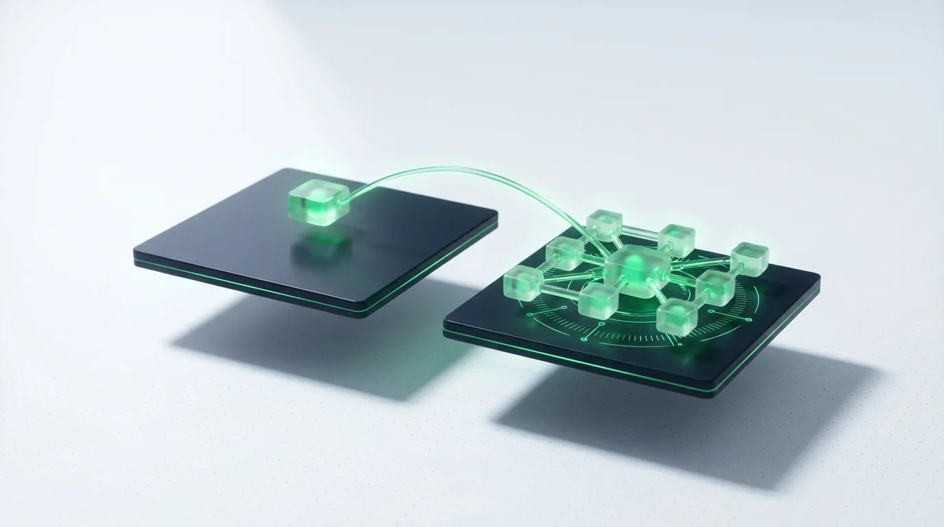 Two translucent frosted-glass workspaces side by side — one a single lit desk, the other a connected team-floor of emerald nodes — evoking the consultant-versus-agency structure choice.