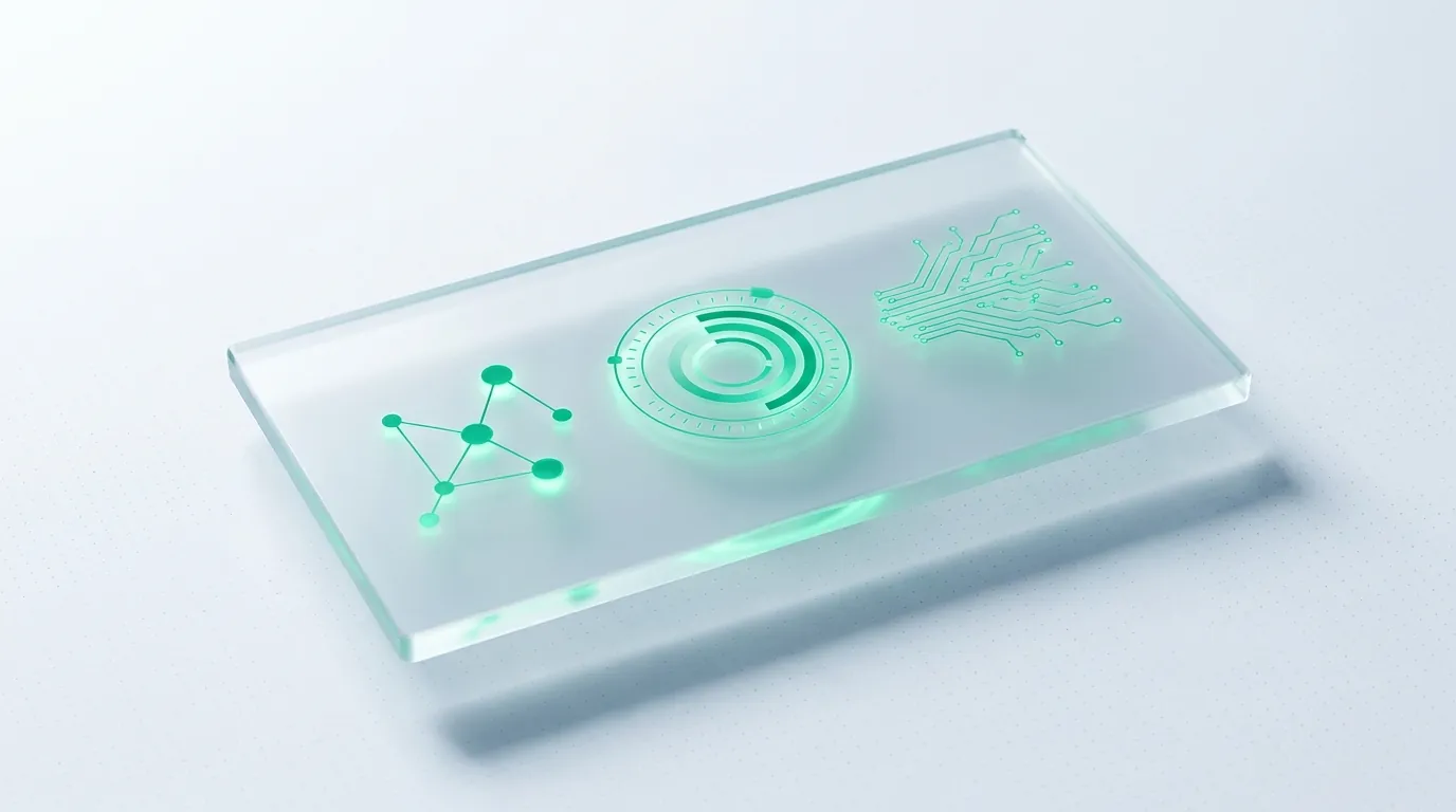 Three translucent frosted-glass game-boards at angles, each lit by a distinct emerald light-pattern, evoking SEO, GEO, and AEO as three overlapping optimization games.