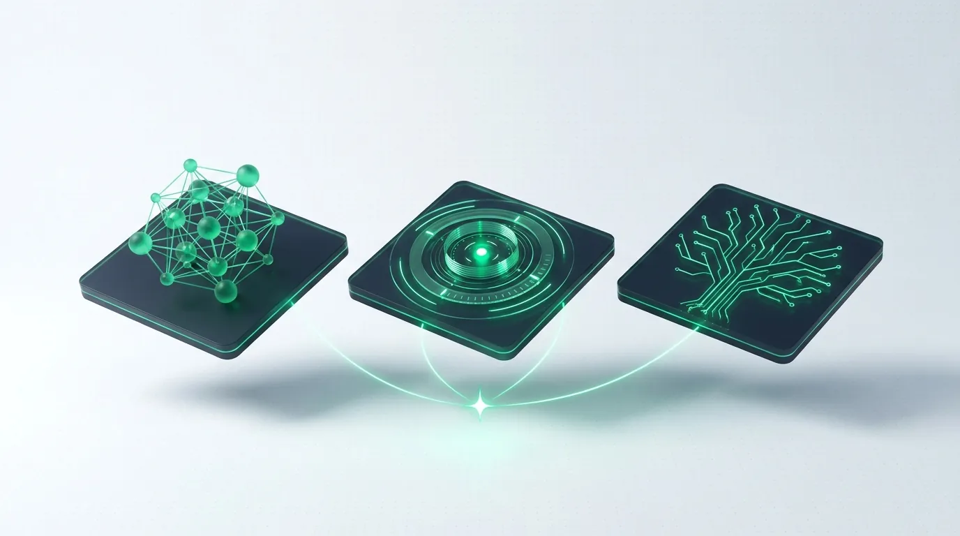 Three translucent frosted-glass planes intersecting along one shared emerald spine, evoking three search disciplines built on a single technical floor.