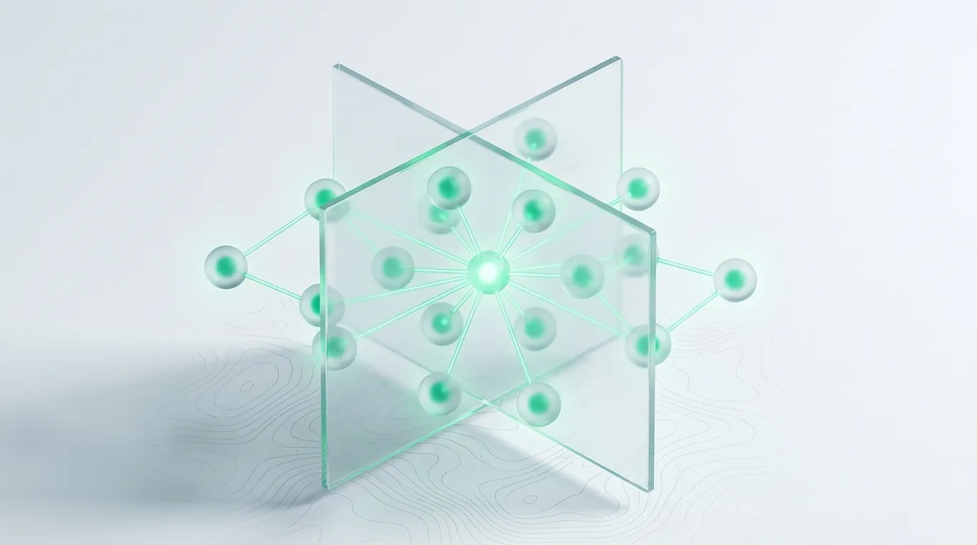 Frosted-glass control surface with three emerald dials at different weightings feeding one balanced output, evoking SEO/GEO/AEO effort split rebalancing over time.