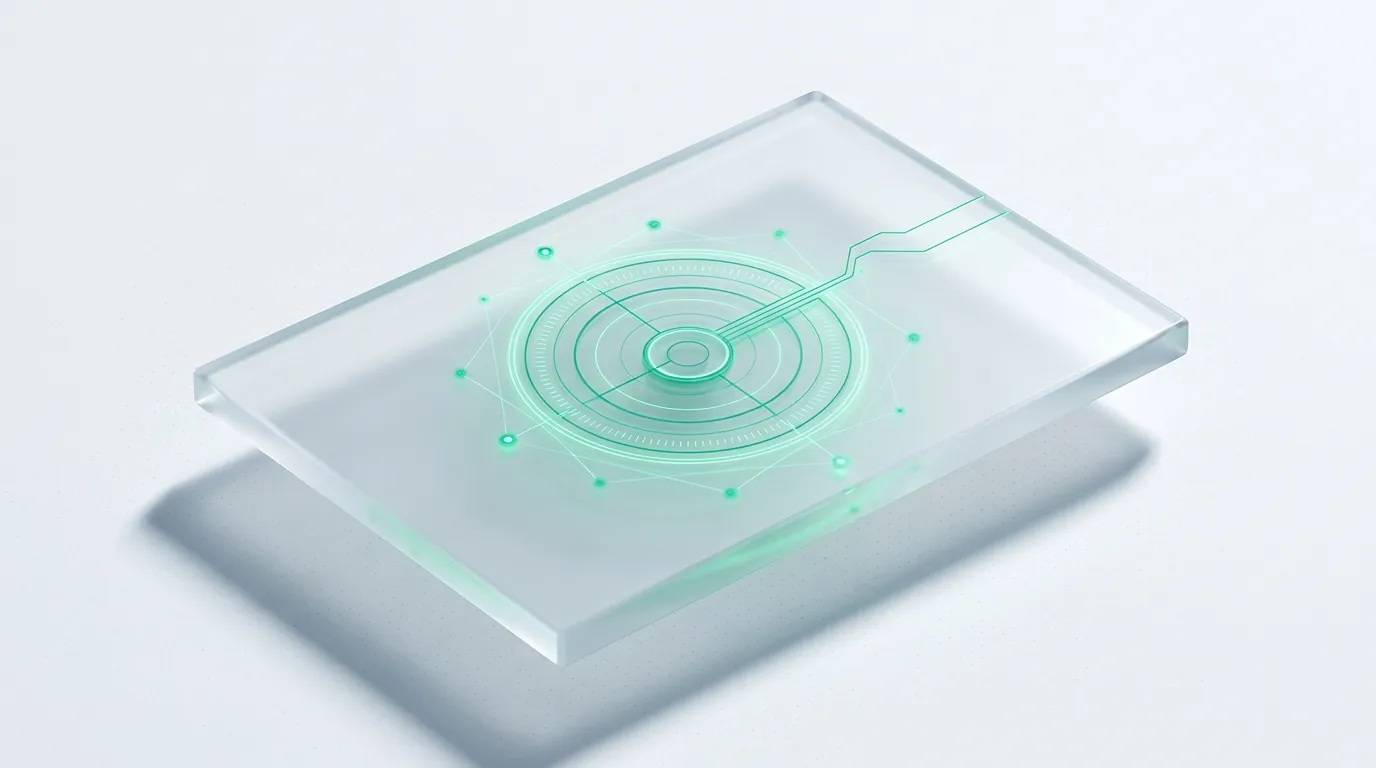 Frosted-glass slab etched with a glowing emerald measurement dial and faint node graph, symbolizing tracking-first Shopify CRO.