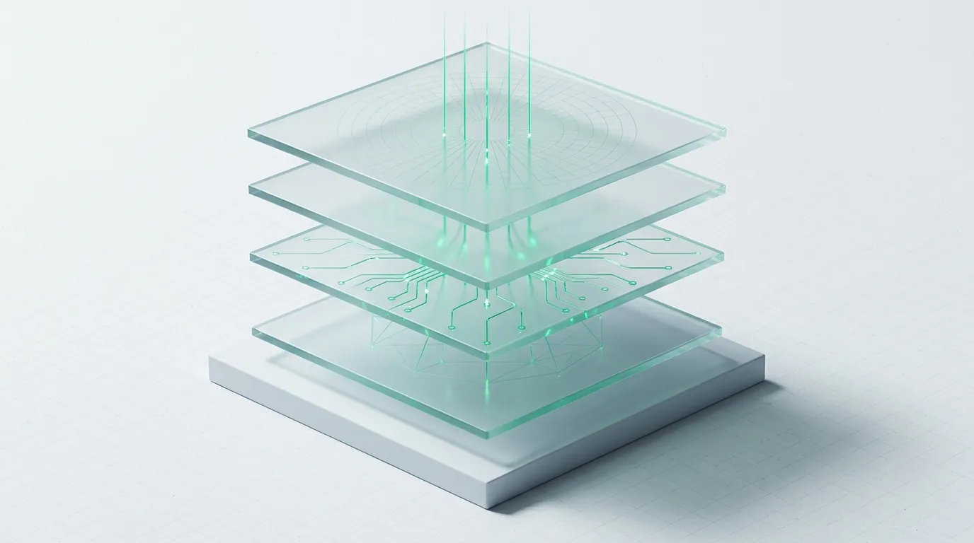 Exploded stack of frosted-glass layers linked by emerald guide-lines, representing the Shopify page-by-page conversion funnel.