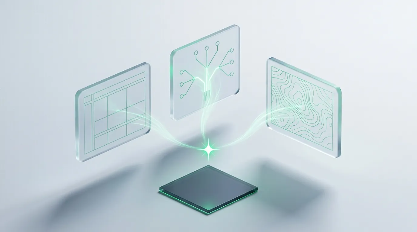 Three frosted-glass test-variant panels with emerald light-streams converging to one bright spark, symbolizing a validated A/B test winner.