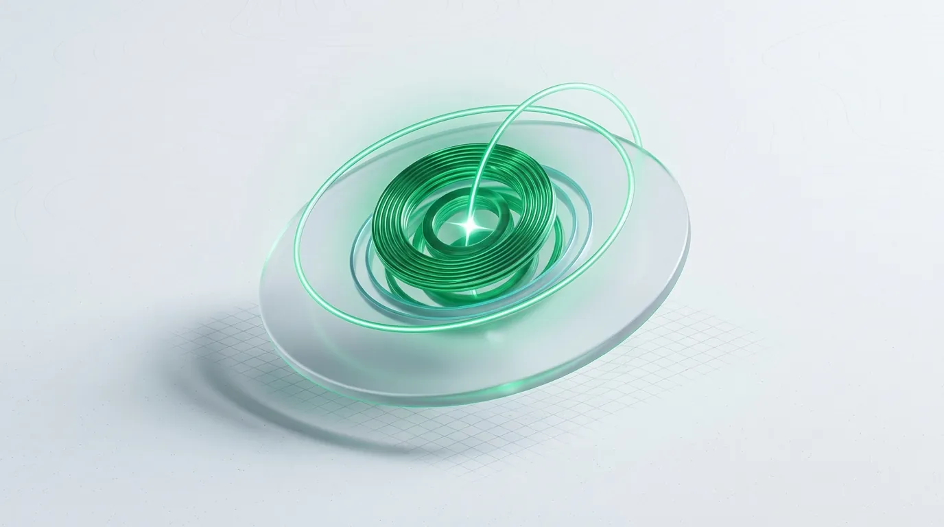 Concentric emerald coil and orbital rings over a frosted glass lens with a looping light-stream, evoking a continuous CRO test-and-monitor cycle.