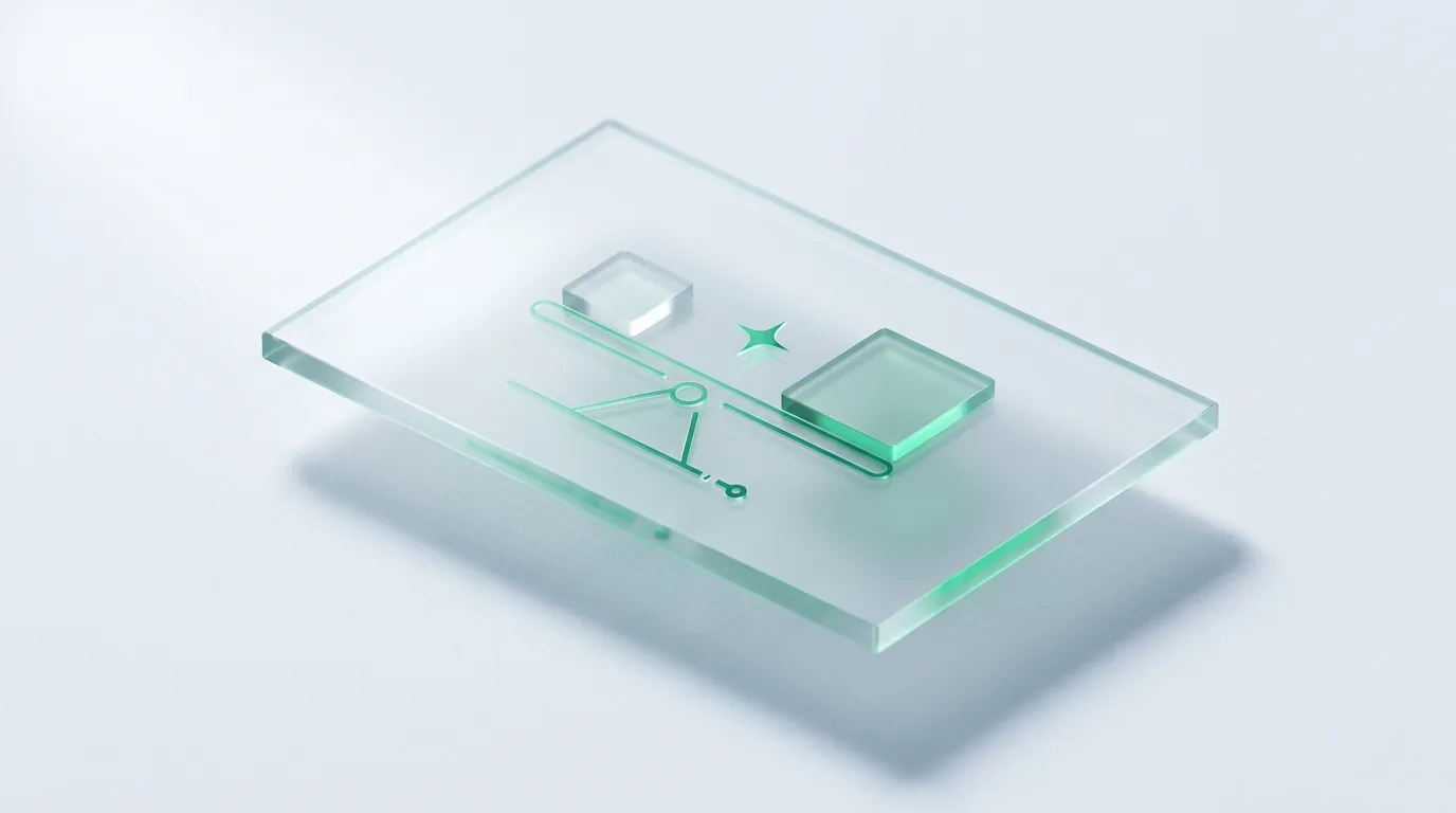 A single frosted-glass slab with an emerald balance motif, evoking the Shopify Plus vs Shopify upgrade decision.