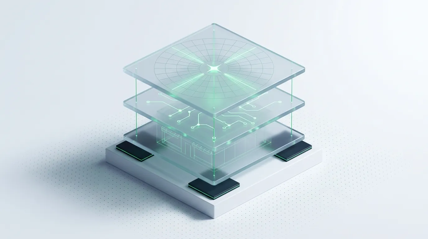 Three exploded frosted-glass layers linked by emerald guide-lines, evoking the tiered capability stack of a platform upgrade.