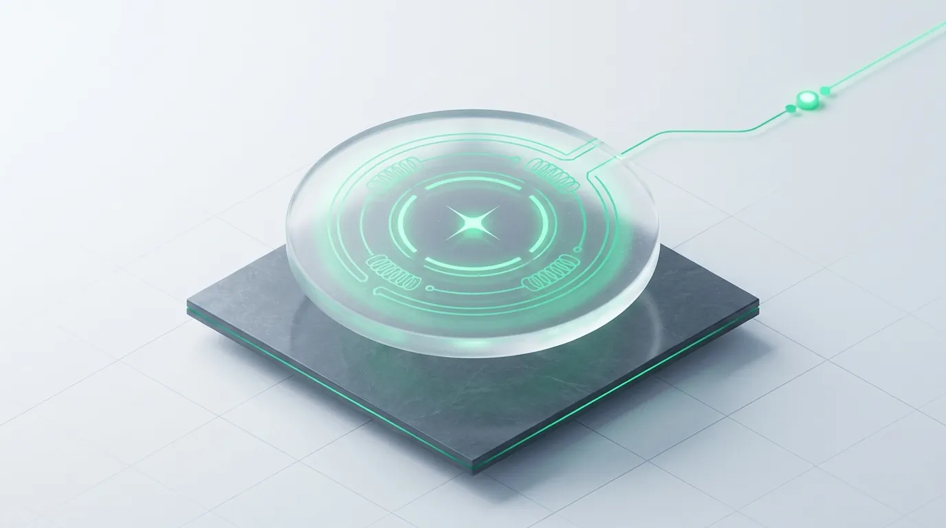 A frosted lens-disc with concentric emerald coils and a threaded trace, evoking tracking and operational maturity beneath the platform choice.