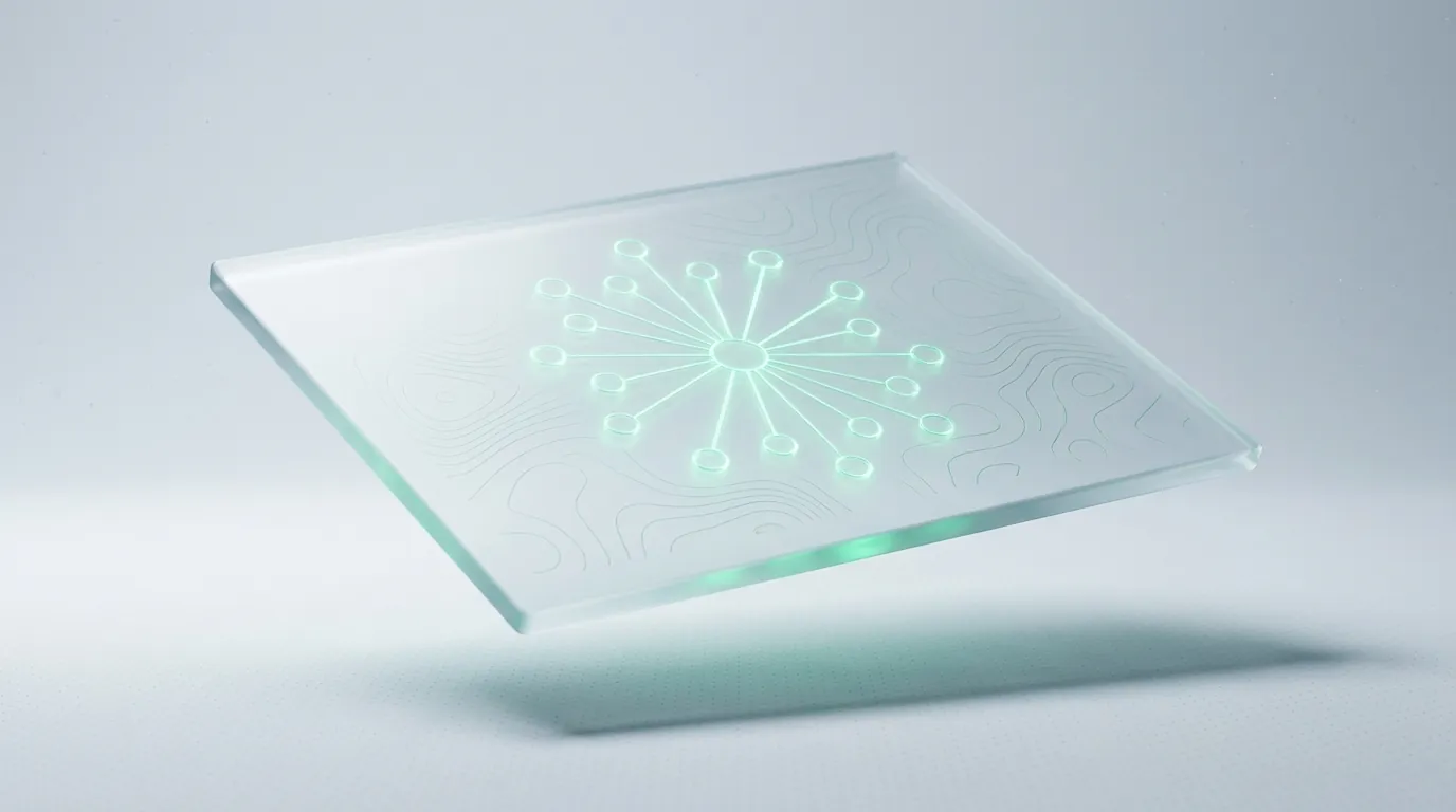 A frosted-glass slab etched with a glowing emerald hub-and-spoke node graph, evoking Shopify SEO site structure and organic ranking.