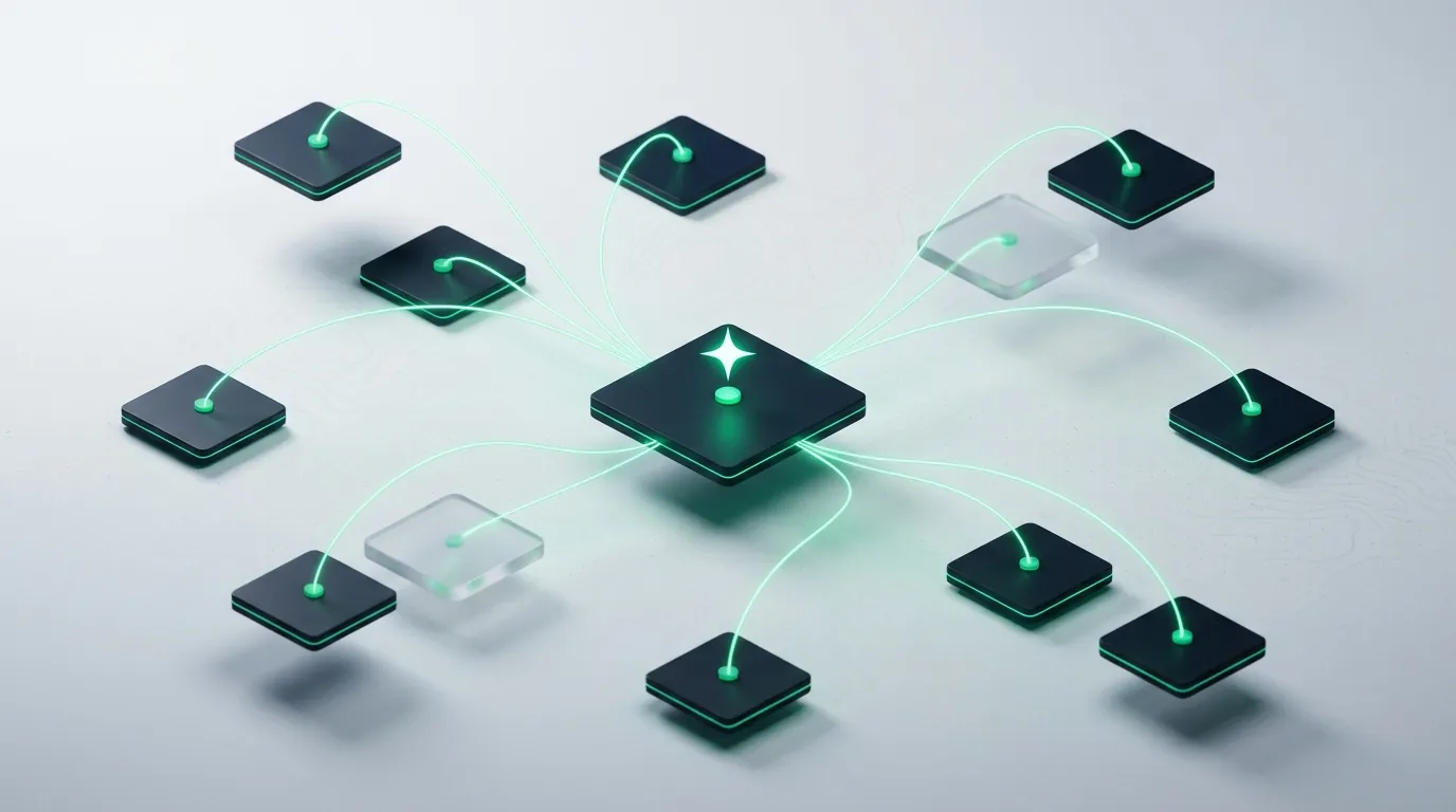 Dark glass tiles linked by emerald light-lines converging to one central node, evoking duplicate Shopify URLs resolving to a single canonical.