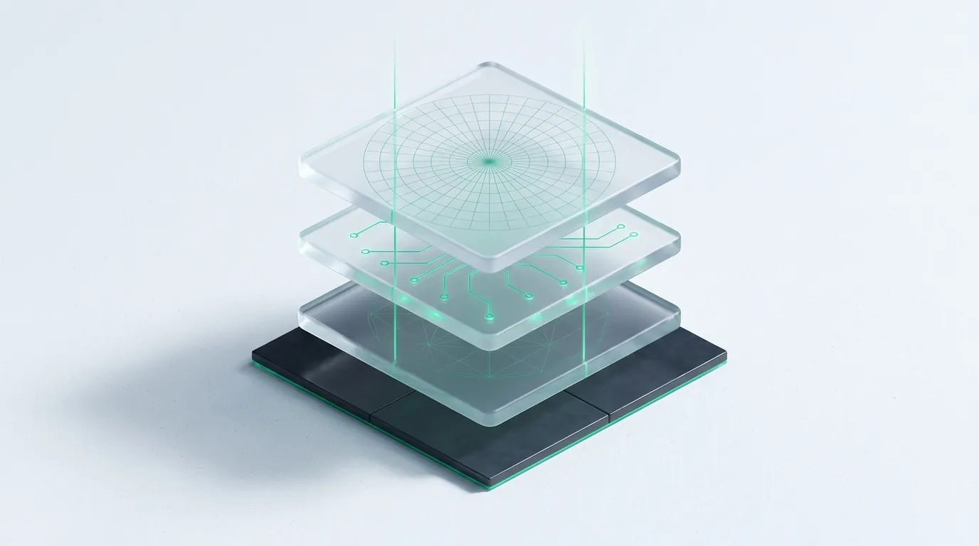 Three exploded frosted-glass layers linked by emerald guide-lines, evoking Shopify SEO's ordered technical, content, and schema layers.