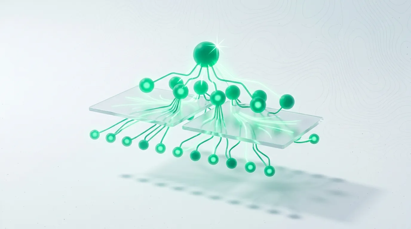 A tiered emerald node graph threading through glass panes, evoking Shopify internal linking from home hub down to collections and products.