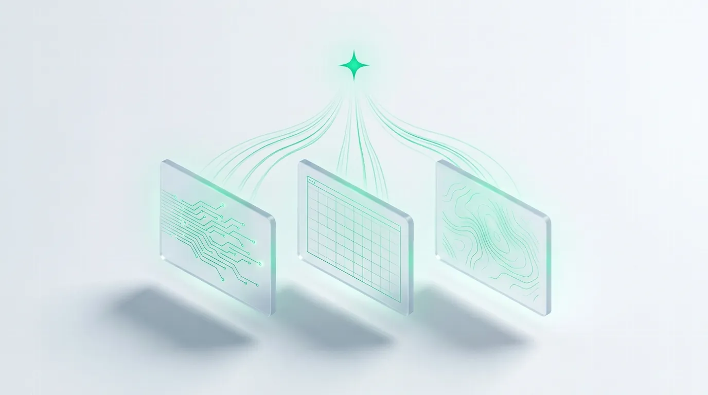 Frosted-glass grid of six short vertical creator-video panels — ingredient text, timeline before/after, founder portrait, stitch, citation, texture swipe — each lit emerald, evoking the six skincare ad patterns that convert in 2026.