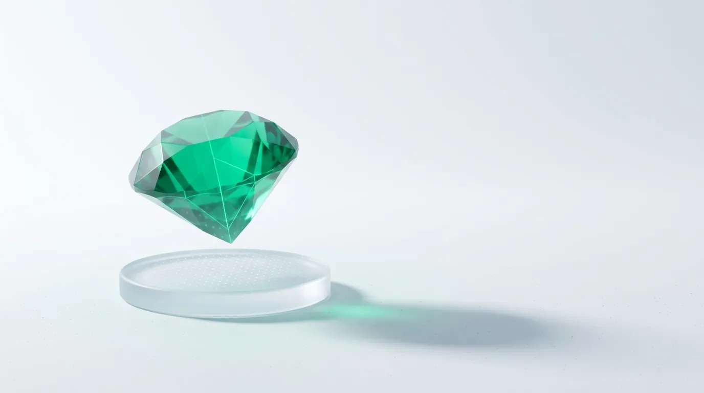 Frosted-glass conveyor steadily feeding emerald creative-concept tiles into a glowing algorithm intake at a healthy cadence, a starved thin lane fading beside it, evoking a well-resourced creative pipeline versus a starved one.