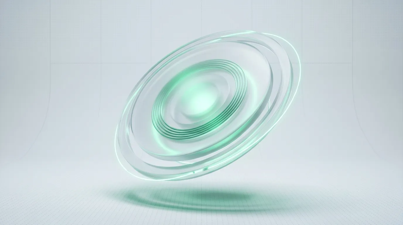 Frosted-glass before/after panel resolving from a noisy polished-lifestyle frame into a crisp ingredient-led creator frame, both emerald-lit, evoking a 90-day skincare creative refresh finding its signal.
