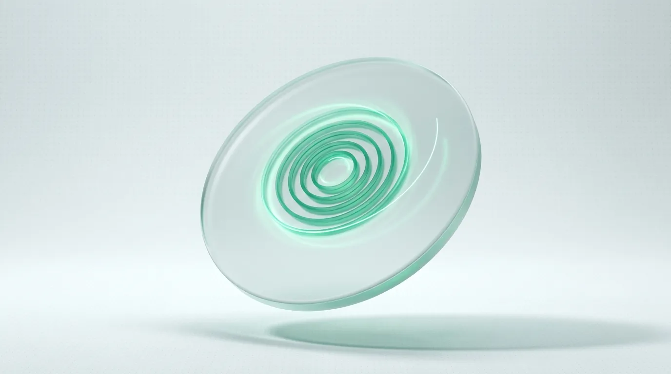 Frosted glass disc with a glowing emerald spiral coil, symbolizing a fast TikTok creative-testing loop.