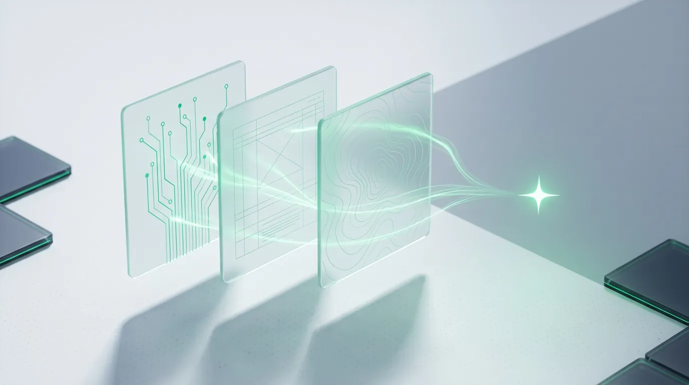 Three etched glass panels with emerald light-streams converging to a spark, evoking creative angles that convert.