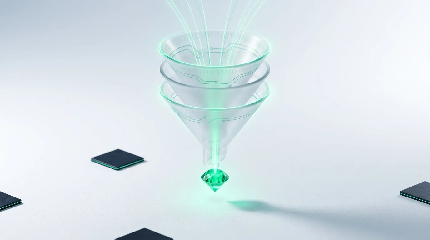 Nested frosted glass funnel cones channeling emerald light into a glowing gem, evoking paid prospecting to conversion.