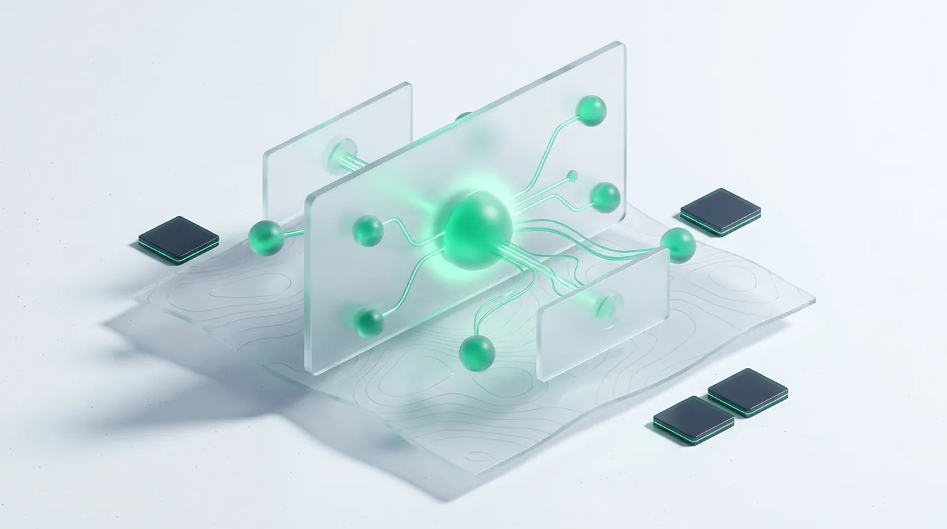 Glowing emerald node graph above a contour glass surface, symbolizing a vetted creator network for paid amplification.