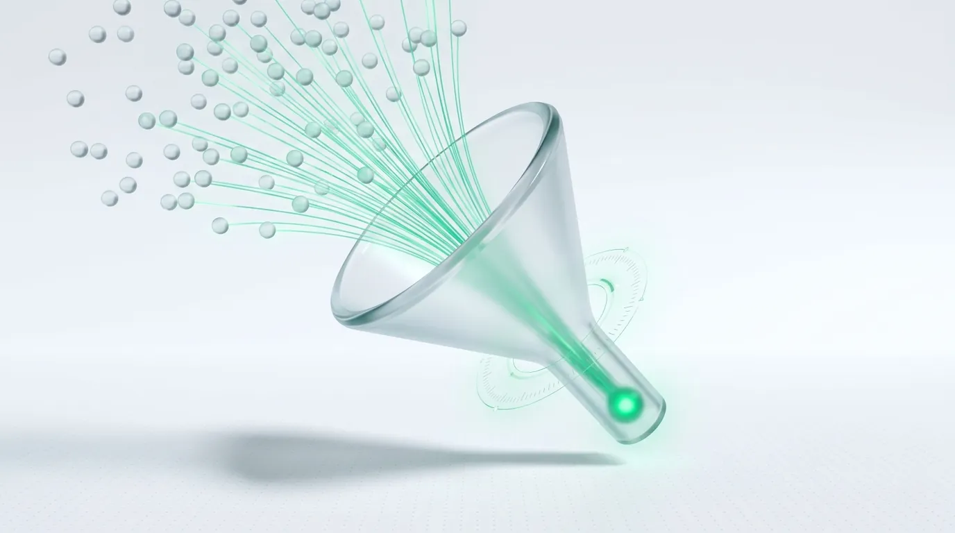 Frosted glass funnel with many emerald light-streams converging into one bright node, evoking how creator videos feed a TikTok Shop engine.