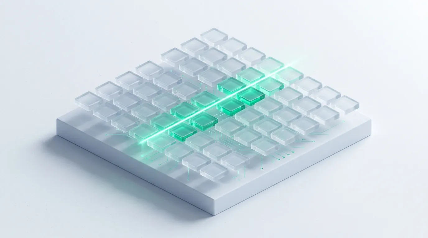 A grid of frosted glass tiles with an emerald light-beam lighting a select few, evoking automated creative testing on TikTok Shop.