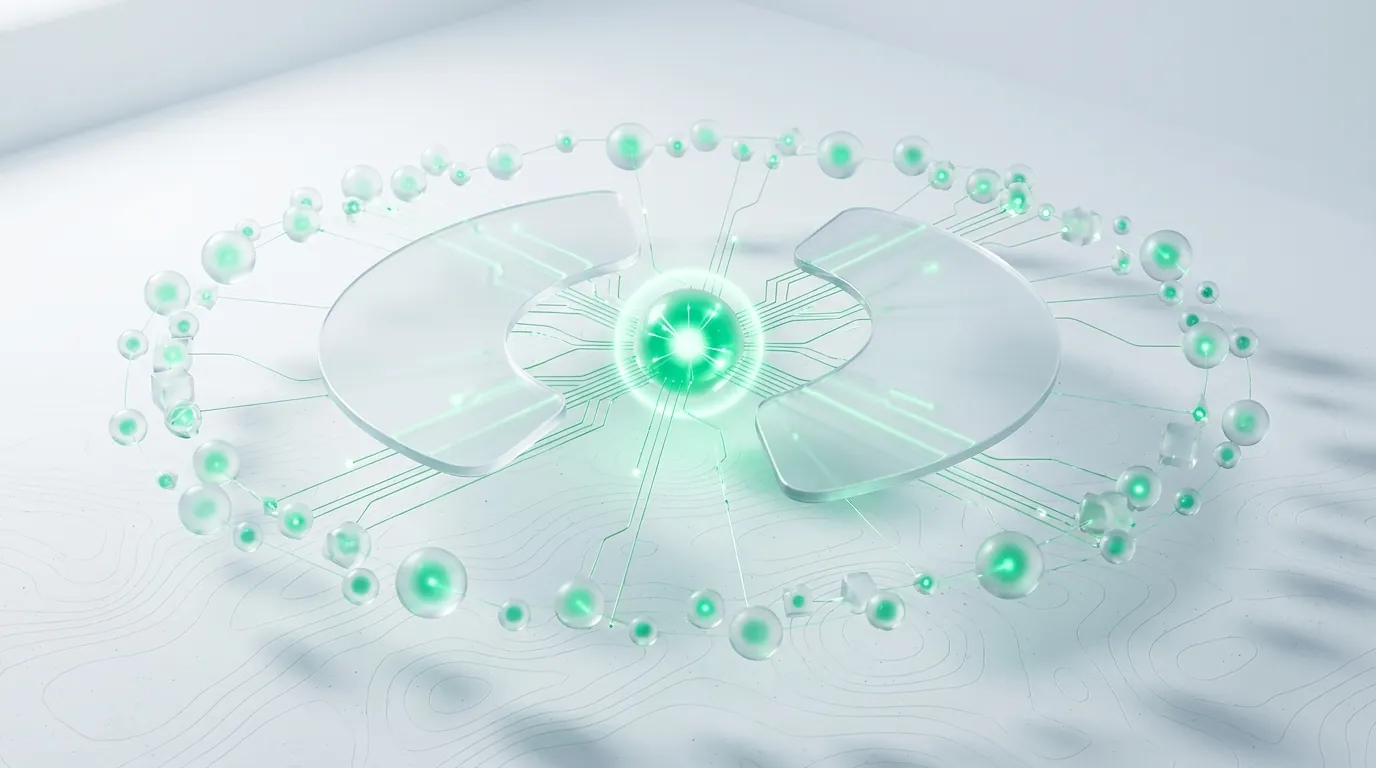 A central emerald hub linked to a wide ring of small orbs over faint contour terrain, evoking a broad TikTok Shop creator affiliate roster.