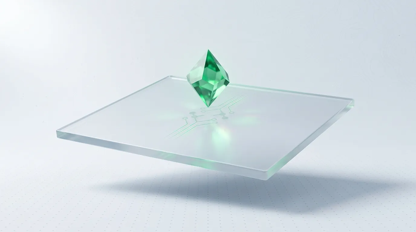 A single faceted emerald crystal floating above a frosted glass slab, symbolizing the owned creative asset a UGC agency produces.