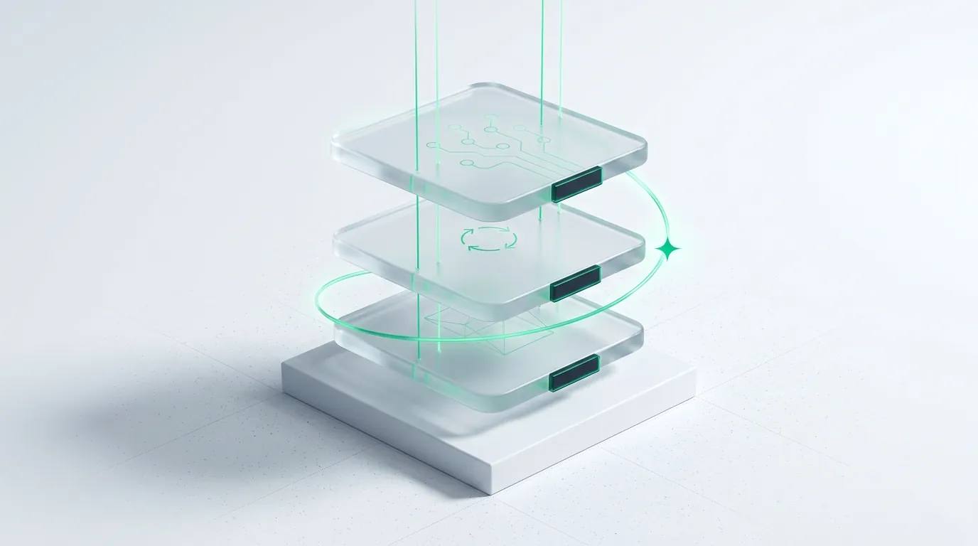 Exploded stack of three frosted glass layers linked by emerald guide-lines, representing the UGC brief-to-delivery production pipeline.