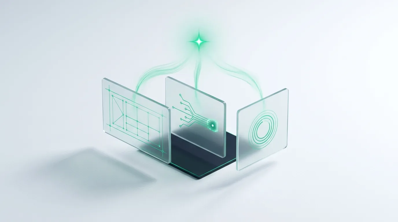 Three etched frosted glass panels with emerald light-streams converging to a single spark, representing UGC formats resolving into converting creative.