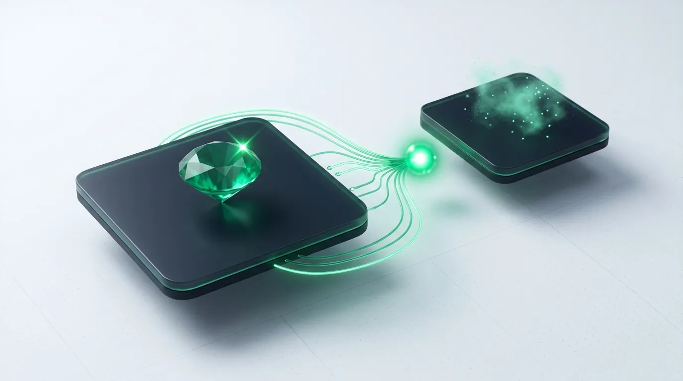 Dark slate tiles with an emerald gem routing light to a bright node, contrasting owned UGC assets against a diffuse creator audience.