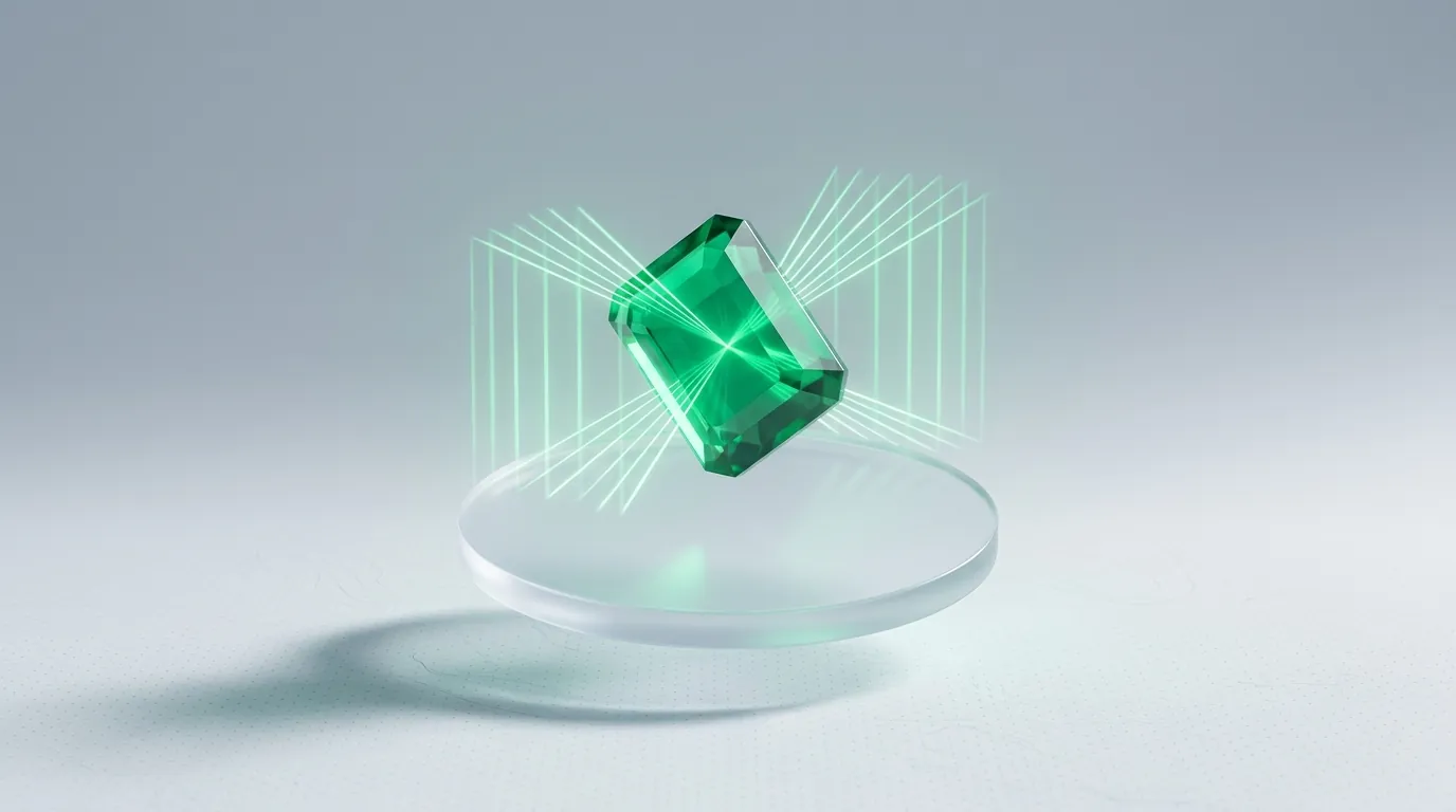 A single faceted emerald crystal refracting light above a glass disc, an abstract emblem for boutique video ad creative production.