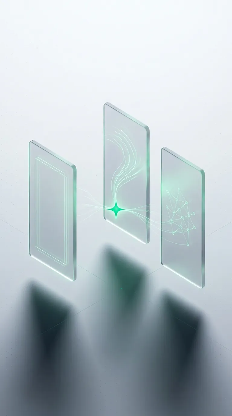 Three frosted glass panels with distinct emerald motifs converging to one spark, an abstract for the formats that make up a video portfolio.