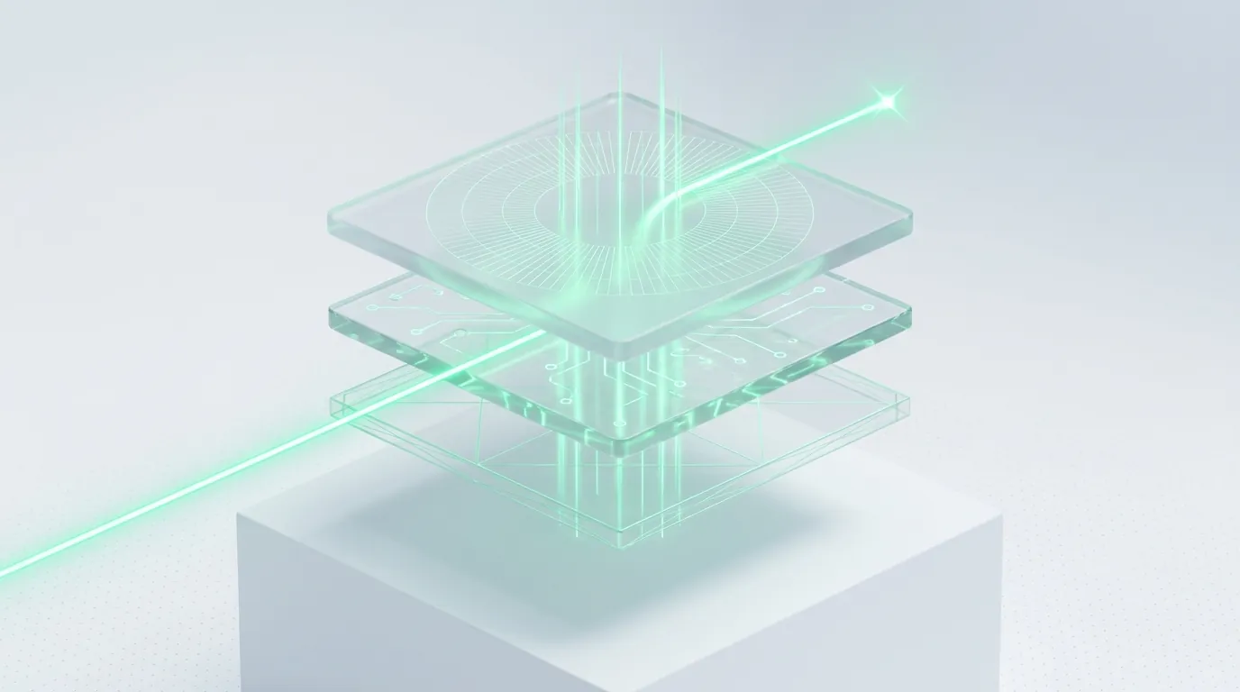 An exploded stack of three glass layers linked by emerald guide-lines, an abstract for the brief-to-ship video production pipeline.