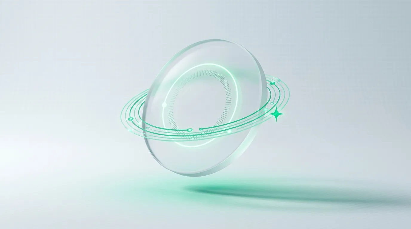 Concentric emerald orbital rings through a glass lens-disc, an abstract for the first-frame test and the creative refresh loop.