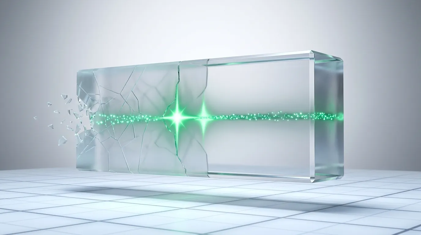 A frosted glass slab transforming from old to new while an unbroken stream of emerald nodes flows through it, evoking a website redesign that preserves traffic and revenue.