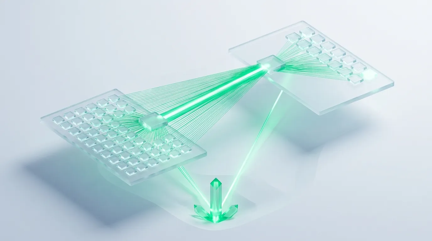 Two frosted glass platforms of tiles joined by taut one-to-one emerald light-lines, evoking a complete 301 redirect map between old and new site URLs.