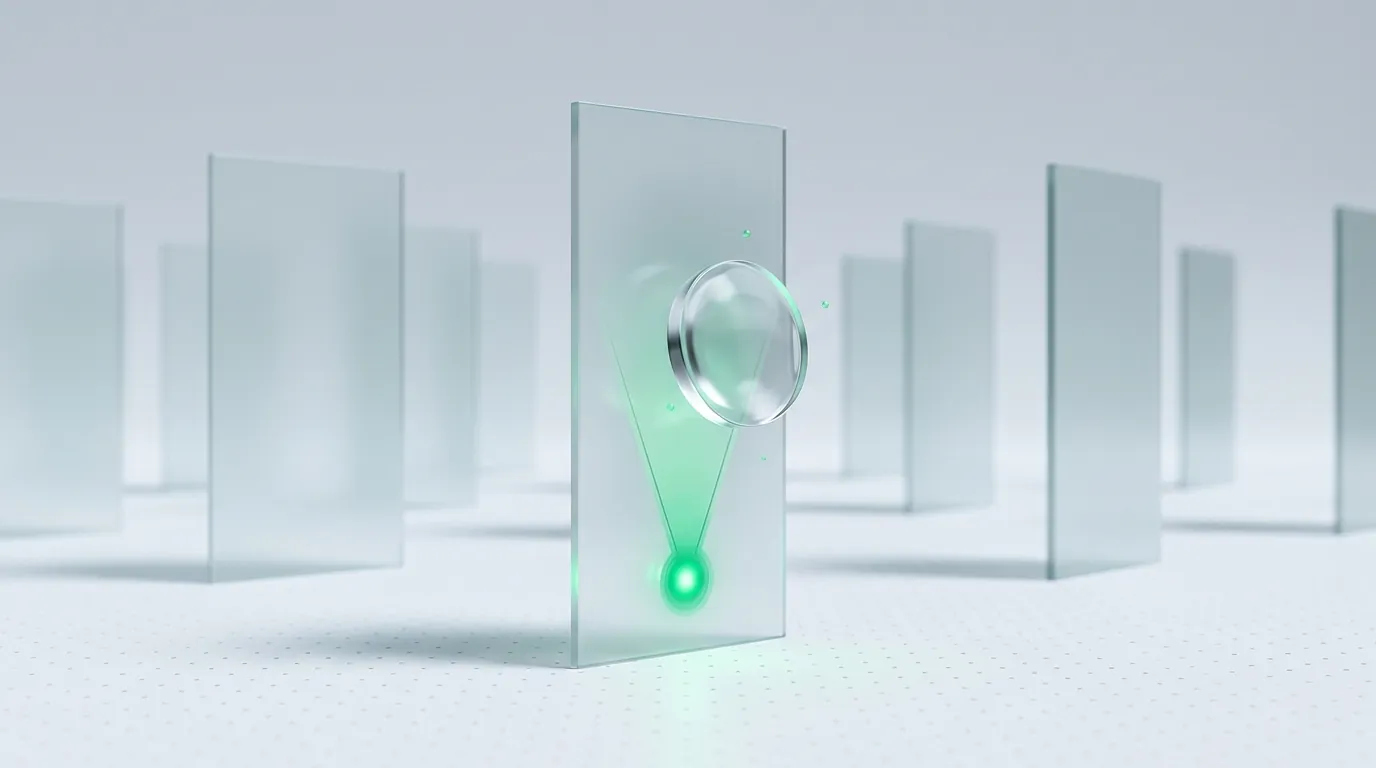 A glass lens focusing on one glowing landing-page panel among many faded ones, evoking targeted landing page optimization instead of a full redesign.