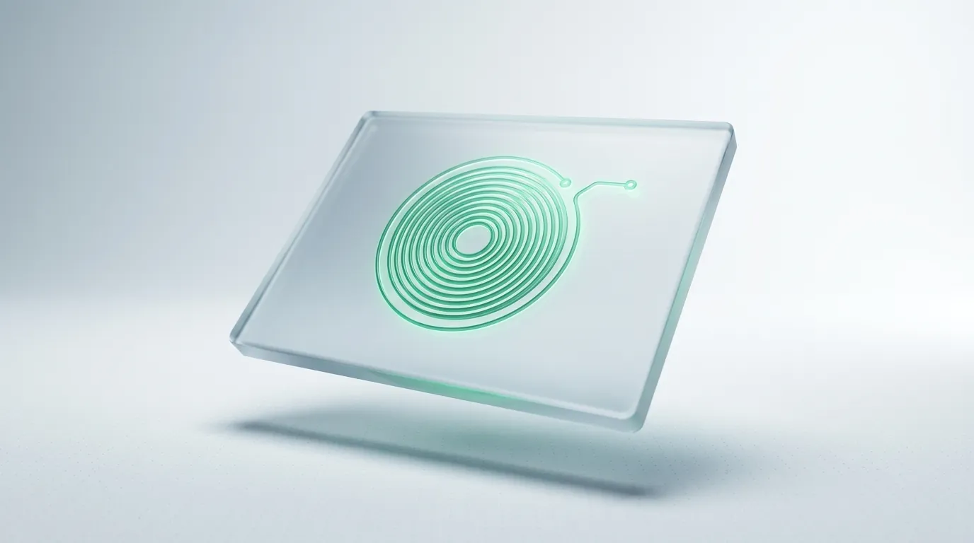 Single frosted-glass slab with a glowing emerald compliance dial, the calm foundation of a wellness marketing agency engagement.