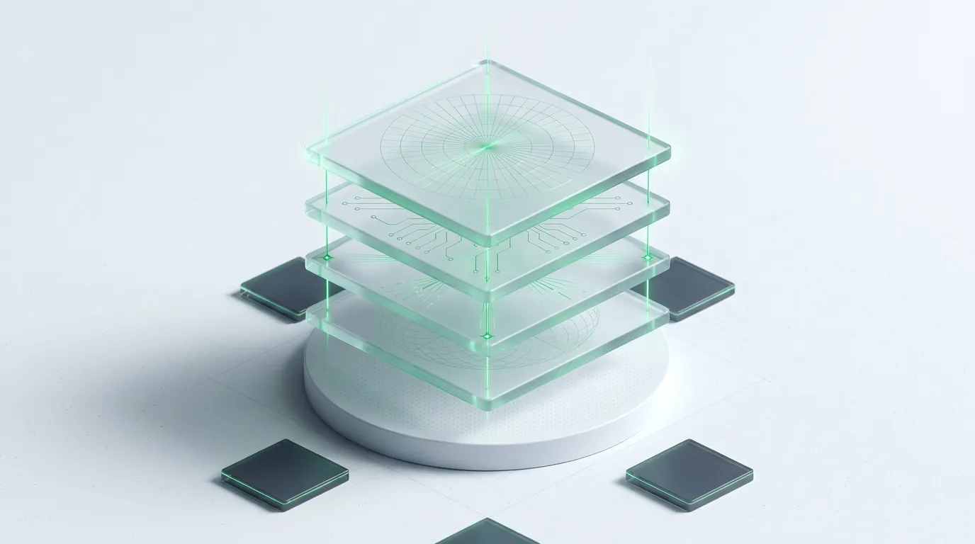 Four exploded frosted-glass layers linked by emerald guide-lines, symbolizing the stacked compliance layers wellness DTC marketing adds.
