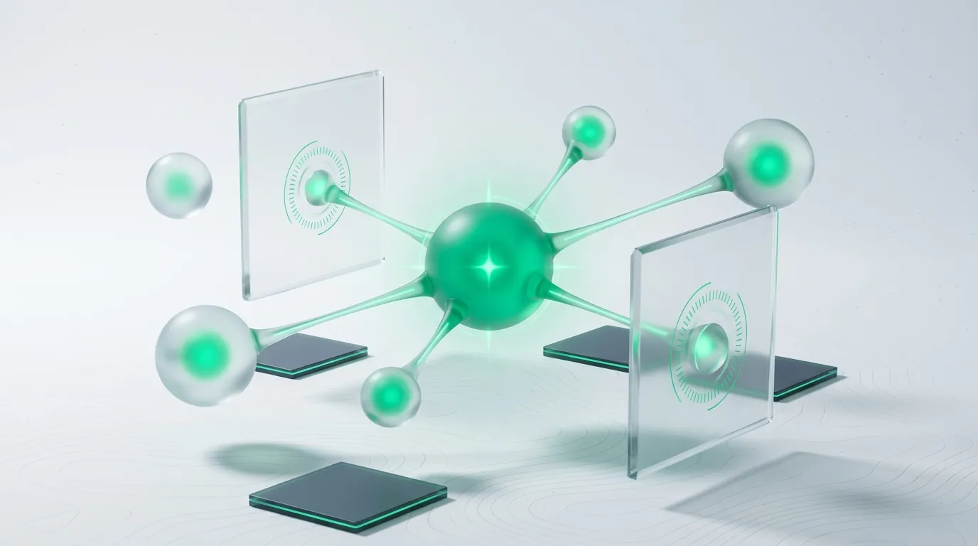 Emerald node network with one heavy hub and lighter satellites, evoking the weighted paid-channel mix for wellness brands.