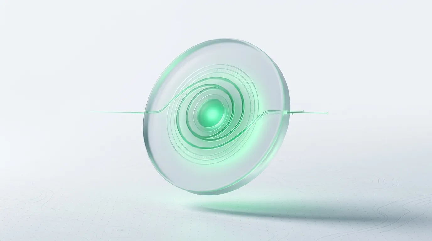 Emerald orbital coil on a frosted glass disc, symbolizing the recurring claim-review gate every wellness creative passes through.