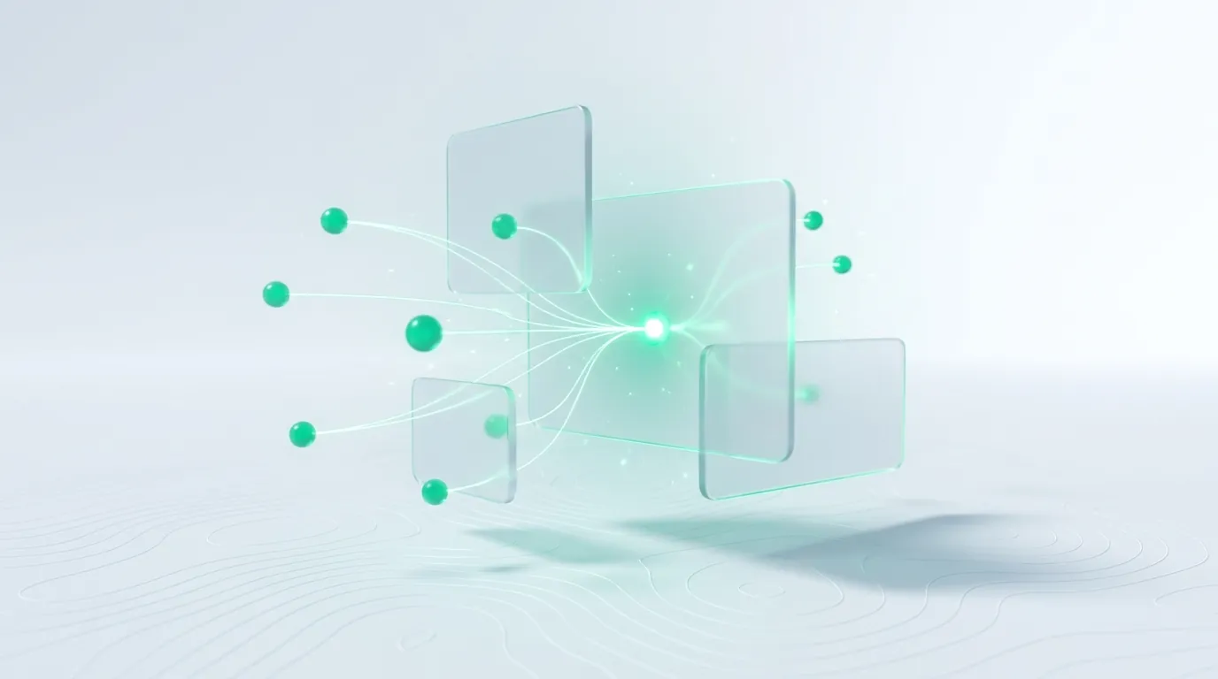 Emerald node-and-connector graph converging on one bright node — third-party sources feeding a cited AI answer