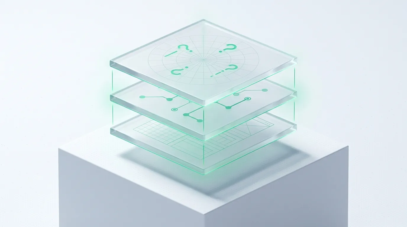 Three exploded frosted-glass layers linked by emerald lines — the layered mechanics that make content citable