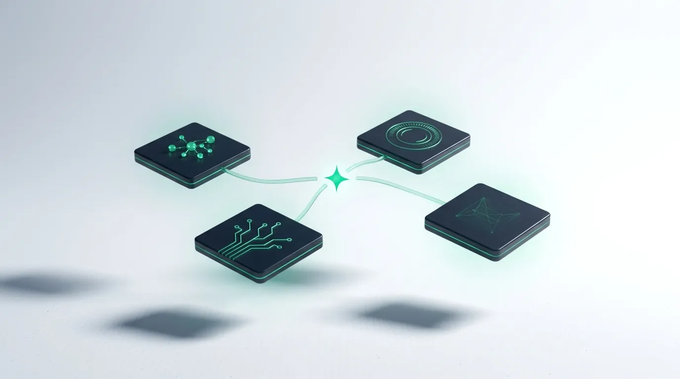 Glass tiles with emerald edges around a central spark — one brand cited across multiple AI engines