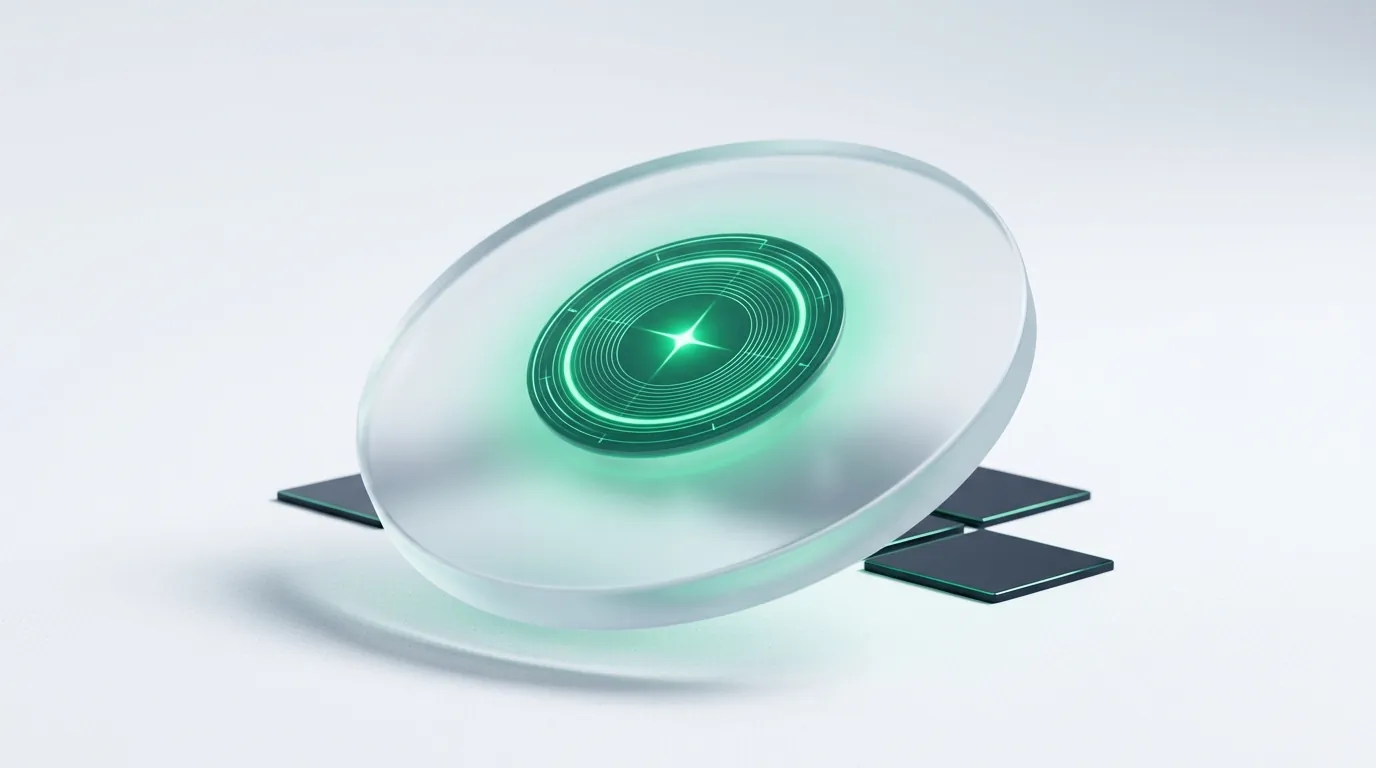 Frosted glass lens-disc with a glowing emerald concentric dial showing where YouTube video ads focus attention in the DTC mix.