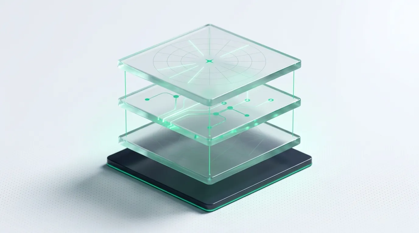 Three exploded frosted-glass layers linked by emerald guide-lines symbolizing YouTube ad formats ordered by funnel stage.